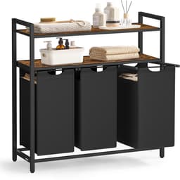 Wasmand 3-vaks kledingopslagrek met 3 uitneembare en afneembare 40L binnenzakken en 2-laags opbergplanken eenvoudig te monteren en te reinigen stevig en duurzaam metalen frame geschikt voor badkamer en wasruimte 92.5 x 33 x 92 cm bruin + zwart — thumbnail 5