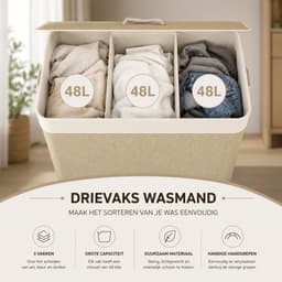 Celestul Wasmand - Wasmand met 3 vakken - Bamboe Wasmand - Was Sorteerder - Wasmand met Deksel - Uitneembare Waszakken - Direct Sorteren - 144 L - 60 x 40 x 60 cm - Beige — thumbnail 4