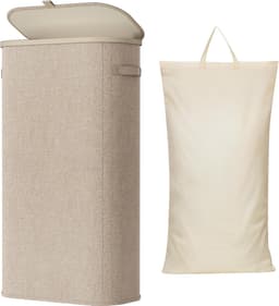 Smalle Wasmand 75L met Deksel – Opvouwbare Wassorteerder met Kunststof Frame – Grote Wasverzamelaar voor Slaapkamer & Badkamer – Beige — thumbnail 1