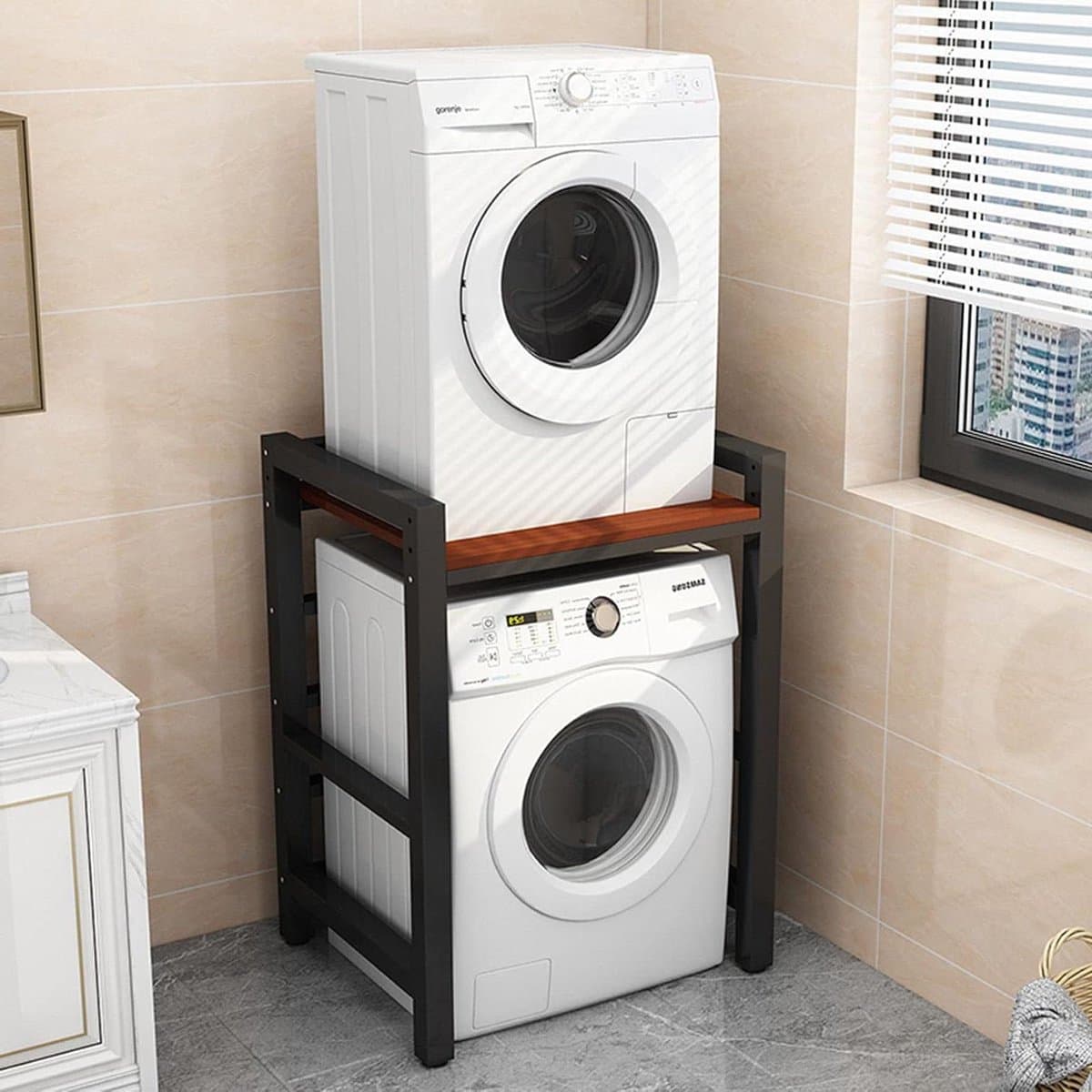 Waskast Boven Machine - Opbergrek - Ruimte Besparen - Verstelbare Hoogtes - 75 x 65 x 105 cm - Zwart Rood — afbeelding 1