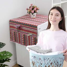 Stofhoes voor de wasmachine, wasmachinehoes met zijvakken, katoen-linnenstof in bohemian stijl, ook geschikt voor koelkasten en drogers (rood, 70 x 170 cm). — thumbnail 2