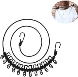 Draagbare Waslijn - 1-delige Reis-Waslijn - Verstelbare Uittrekbare Winddichte Lijn met 12 Klemmen en Antislip Gesp voor Kamperen en Reizen Kleding Drogen - Zwart — thumbnail 1