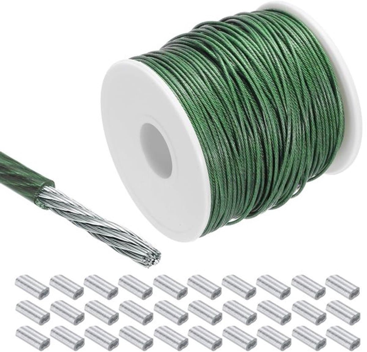 Roestvrijstalen Staalkabel 100 meter | Vinylgecoat met Aluminium Hulzen | Waslijn en Plantenophanging. — afbeelding 1