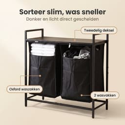Cheqo® Dubbele Wasmand - Wassorteerder - Wasmand met 2 Vakken - Uitschuifbaar - Wasverzamelaar - met Uitneembare Waszakken - Wasgoedmand - Wasbox - Wasophaler - Zwart - voor Badkamer en Wasruimte — thumbnail 5