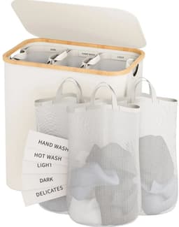Novendo Goods - Wasmand 160L met 3 vakken - Slanke wasmand met uitneembare waszak - Was sorteerder met handgrepen voor badkamer en slaapkamer — thumbnail 1