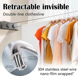 Intrekbare Waslijn - Oprolbare Lijn - Kleding Drogen - Dubbele Lijn - 5 Meter - Zilver — thumbnail 2