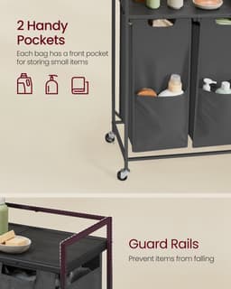 VASAGLE - Wasmand - Wassorteerder - 2 Vakken - Verrijdbare - Plank - Uitneembare Tassen - 110 L — thumbnail 5