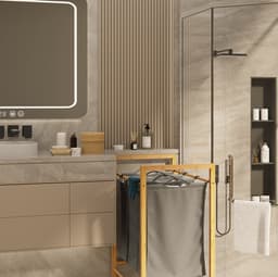 MEUNIQ bamboe wassorteerder met 3 vakken, uitneembare waszakken en wielen – 90 liter wasmand voor badkamer, slaapkamer of wasruimte – antraciet/naturel — thumbnail 2