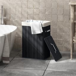 Wasmand met deksel - Canvas waszak - Bamboe - Opvouwbaar - 72 liter - Zwart - 40 x 30 x 60 cm — thumbnail 3
