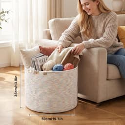 Opbergmand, 50 x 35 cm, katoenen touw, wasmand met knoophandgrepen, XXL dekmand en wasverzamelaar voor woonkamer, speelgoedmand voor kinderkamer, pastelregenboog, kleurrijk — thumbnail 3