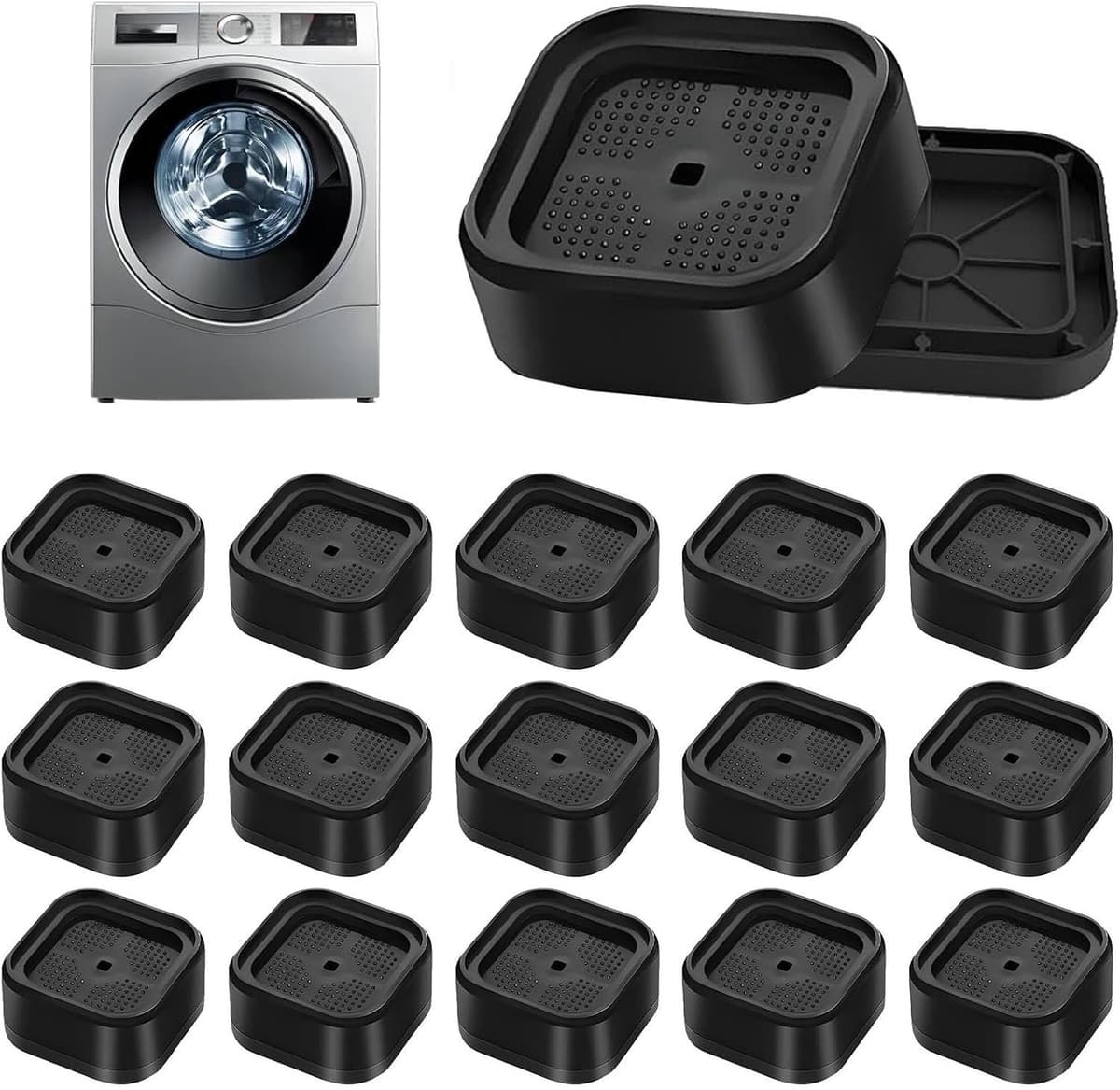 Verstelbare Wasmachine Voeten, 16 Stuks, Stapelbare Meubelverhogers met Antislip Rubber Basis voor Wasmachines, Bedden en Banken, Zwart en Vierkant — afbeelding 1