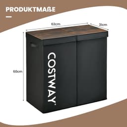 COSTWAY Wasmand met deksel, 115 liter, wasverzamelaar, 2 vakken, wasbox van vliesstof met handgrepen, 62 x 31 x 60 cm (zwart) — thumbnail 2