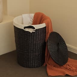 Rieten wasmand met deksel, handgeweven wasmand met verwijderbare voering, grote wasmand met voldoende wasruimte, koffie — thumbnail 5