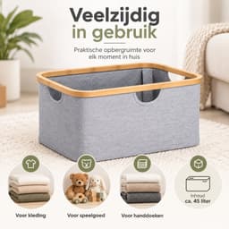 Wasmand 45 Liter – Opvouwbare Wasmand met Bamboe Rand – Wasmand Groot met Handgrepen – Stoffen Opbergmand voor Wasgoed, Speelgoed & Handdoeken – Grijs - Heupwasmand — thumbnail 3