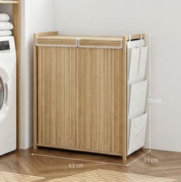 REDOM - Bamboe wasmand - 120 L inhoud - Scharnierend deksel en twee uitneembare trekkoordzakken - Vier zijvakken - Natuurlijk hout - 63 x 33 x 78 cm — thumbnail 2