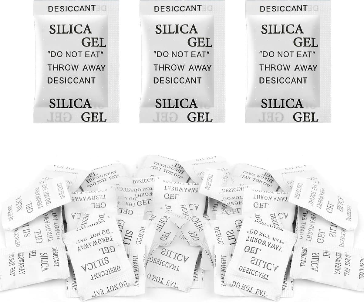 100 zakjes × 1 g silicagel, herbruikbaar, anti-schimmel, vochtabsorberend, zonder kobaltchloride, voor het bewaren van kleding en levensmiddelen — afbeelding 1