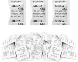 100 zakjes × 1 g silicagel, herbruikbaar, anti-schimmel, vochtabsorberend, zonder kobaltchloride, voor het bewaren van kleding en levensmiddelen