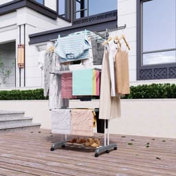 Shrivee 3-laags droogrek, opvouwbaar met 2 roterende vleugels, hoogte 178 cm, opvouwbare poten, ruimtebesparend droogrek met wielen voor thuis, balkon en tuin (grijs) — thumbnail 2