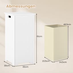 COSTWAY Wasmand vrijstaand, houten wasverzamelaar met deksel en tas, opbergkast badkamer, badkamerkast, wit — thumbnail 2