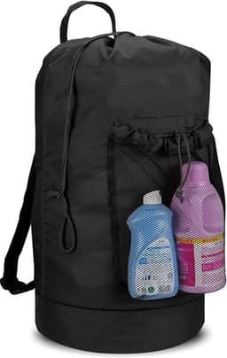 Rugzak waszak, wasrugzak met schouderbanden en netvakken, reistas voor buitensporten, duurzame nylon wasmand met trekkoordsluiting, waterdichte opbergtas voor universiteit, reizen, wasserette, appartement, zwart — thumbnail 1