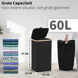 Smalle Wasmand met Deksel en Waszak - 60L - Smal - Wasmand - Opvouwbaar - Opbergmand - Linnen - Zwart — thumbnail 3