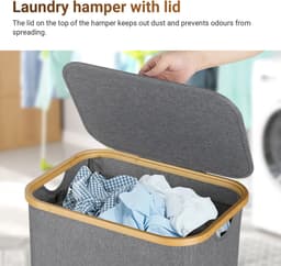 Wasmand , Waszakken ,Natuurlijk Bamboe Wasmand met Deksel, 100L Grijs — thumbnail 4