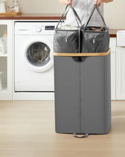 SONGMICS - Wasmand met 2 compartimenten - wasverzamelaar - 150 liter - hoogte 75 cm - wassorteerder met deksel, waszak, uitneembare waszakken - grijs — thumbnail 4