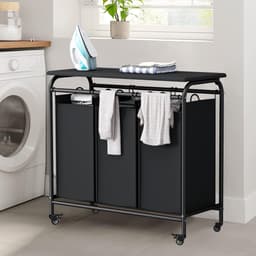 Wishdor Luxe Wasmand met Wielen 3 Vakken - Wassorteerder met Strijkplank & Opvouwtafel - Uitneembare Waszakken - Zwart (80,5 x 42,4 x 78,5 cm) — thumbnail 4