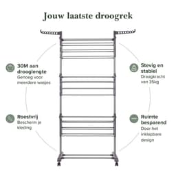 Jubbly® - Wasrek inklapbaar - Droogrek inklapbaar - Droogtoren met wieltjes - Wasrek staand - 30 Meter drooglengte - 35 Kilo draagkracht - Binnen als buiten gebruik - Grijs — thumbnail 2