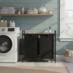 VASAGLE - Wasmand met 2 Compartimenten - 2 Uitneembare Tassen - Metalen Frame - Met Plank — thumbnail 3