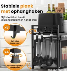 Magnetronrek (2 standen) – zwart – hoge stabiliteit met antislip en rubberen voetjes – in hoogte en lengte verstelbaar magnetronrek van 40–64 cm – inclusief gereedschap, handleiding en 8 haken — thumbnail 5