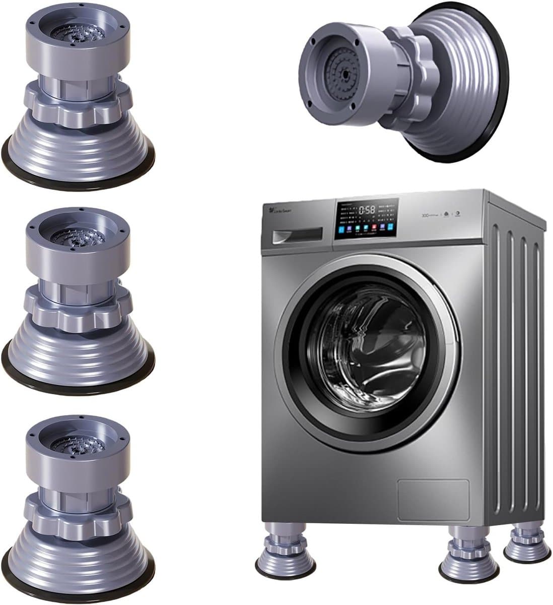 Trildemper voor wasmachines en drogers, 4 stuks, onderstelonderlegger, 8,5 - 12 cm, verstelbare trillingsdemperpads, wasmachine antislip stop voor de wasmachine, grijs — afbeelding 1