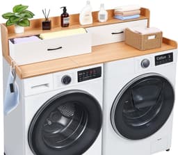 Werkblad voor Wasmachine en Droger - Opzetblad - Afmeting 137 x 69,9 cm - Met Opbergplank - Twee Lades - Haken - Draagvermogen 113 kg - Naturel Hout — thumbnail 5