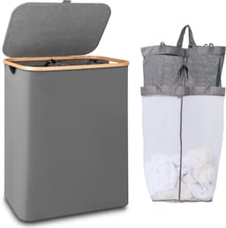 Wasmand - 150L Extra Groot met 2 Vakken, Bamboe Handvat en Deksel - Voor Wasruimte, Slaapkamer en Badkamer - Grijs — thumbnail 1