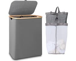 Wasmand - 150L Extra Groot met 2 Vakken, Bamboe Handvat en Deksel - Voor Wasruimte, Slaapkamer en Badkamer - Grijs