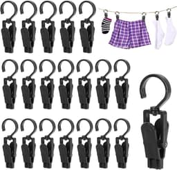 20 stuks - Draagbare draaibare haken van kunststof - 360° draaibaar - Reishaken voor thuis - Wasclips - Gordijnclips - Voor het drogen van kleding, hoeden, handdoeken, sokken en handschoenen (zwart) — thumbnail 1