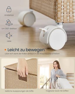 Furnstar HOME Wasmand met 2 vakken - Wasverzamelaar 100 l - Wassorteerder op wieltjes met deksel - Waszak met handgrepen - Rotan-look - Voor bijkeuken en badkamer - Beige/Wit — thumbnail 3