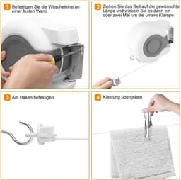 Allecto Plus - Intrekbare waslijn automatisch rolsysteem voor binnen en buiten - PVC waslijnkit - Wandgemonteerde waslijn - 2 x 42 voeten - Wit [& meer zoekwoorden toevoegen voor SEO] — thumbnail 4
