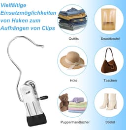 Wasknijpers, roestvrij staal, zwart, 360° draaibare metalen klemmen, antislip, klemhaak, haak voor kleding, broeken, schoenen, laarzen, handdoek, robuuste metalen klemmen voor binnen en — thumbnail 2