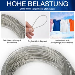 Dailygoods- Waslijn Extra Sterk - Waslijn met Stalen Kern - Roest- en Corrosiebestendig - Geschikt voor Buitengebruik - Capaciteit 120 kg - 4 mm Dikte - Wasdraad — thumbnail 3
