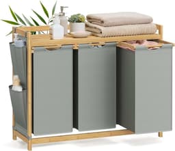 Wasmand 3 vakken, bamboe, wasverzamelaar 150 l, wassorteerder, met plank, waszak, kleine zijzakken, wasrek, 3 x 50 l, 94 x 33 x 78 cm, duifgrijs RLH115G01 — thumbnail 1