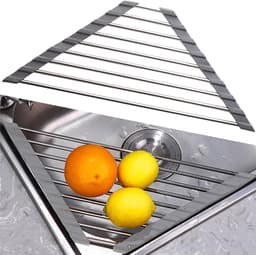 Triangulaire RVS Afwasrek voor de Gootsteen - Oprolbaar Droogrek voor Groenten, Fruit en Borden (Grijs) — thumbnail 1