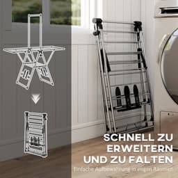 Desmiu Staand Droogrek Inklapbaar Verstelbare Vleugels 156,5 x 68 x 192 cm RVS Zilver Met Schoenhouders Voor Geordend Wassen — thumbnail 4