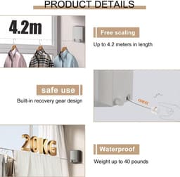 Waslijn Intrekbaar - Drooglijn RVS - Kleding Drogen - Anti-doorzakker - 4.2 Meter - Zilver — thumbnail 5