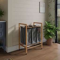 COVREO Wasmand 83 x 62 x 40 cm - 3 vakken, uitneembare waszak, bamboe en wielen — thumbnail 1