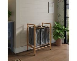 COVREO Wasmand 83 x 62 x 40 cm - 3 vakken, uitneembare waszak, bamboe en wielen