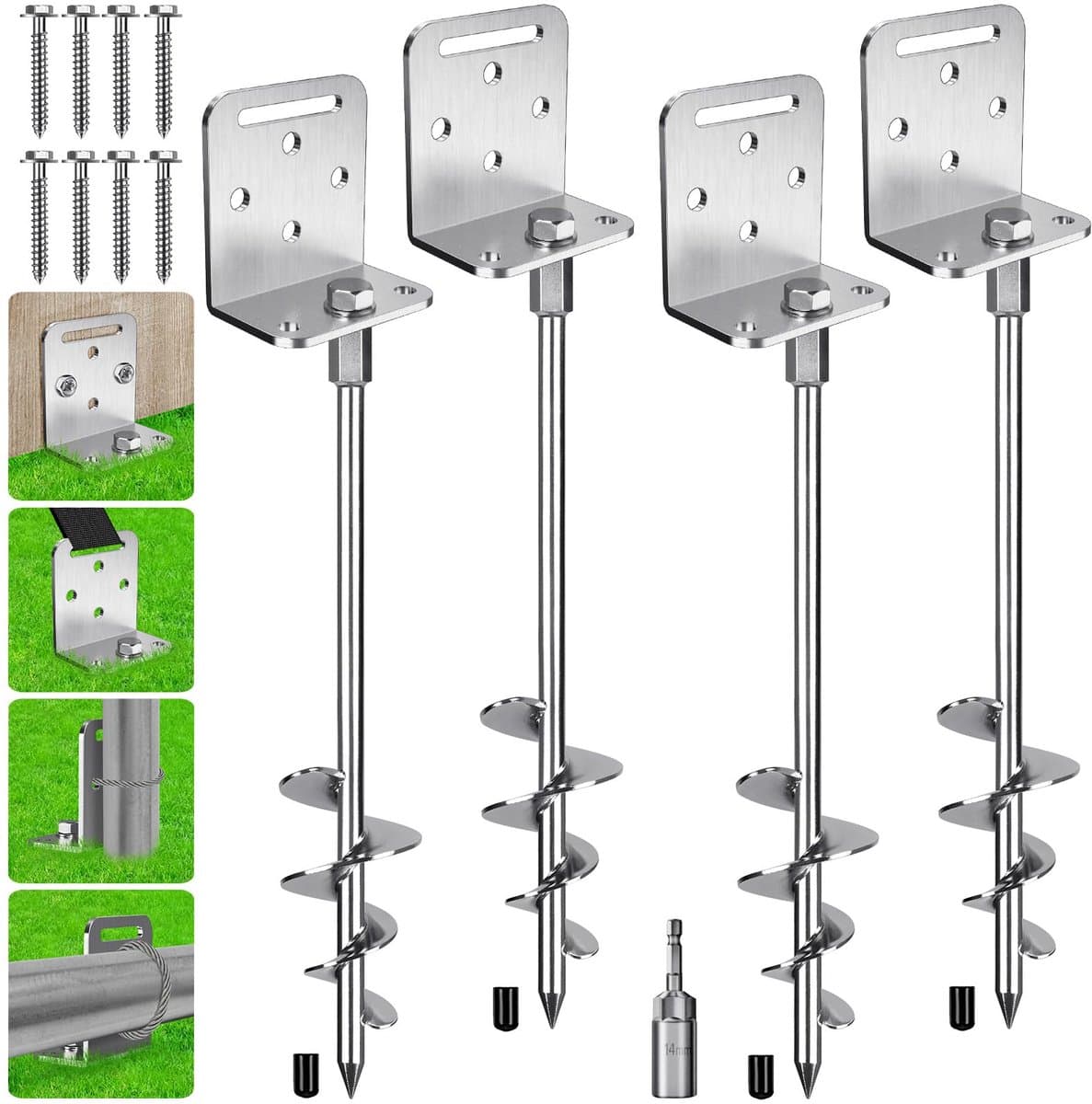 SnelShoppen - Set van 4 Grondankers Schroef 76 cm voor Stacaravan, Trampoline, Schommel, Tent, Schuur, Luifel, Hek - 7,1 cm Brede Spiraal met L-Beugel — afbeelding 1