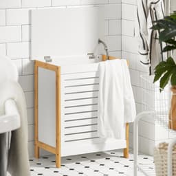 ITRONIQ Wasmand Met Deksel 90L - Bamboe Wasbox Met Uitneembare Waszak - Opbergmand Voor Wasgoed - Wit/Naturel 50x30x60 cm — thumbnail 3