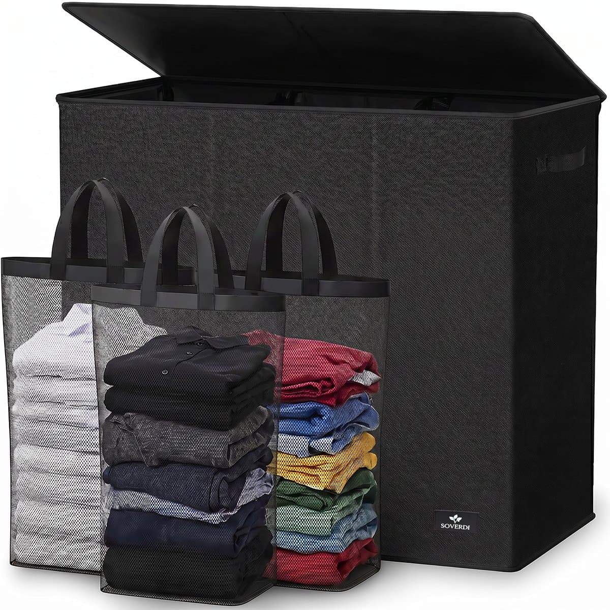 Soverdi - Drie Vakken Met Deksel - 3 in 1 Wasmand - Sorteer Wasmand - Opvouwbaar - Wassorteerder - Dichte Wasmand - Dubbele Wasmand - Laundry Basket - Wasbox - Organizer Kleding - Stof - Zwart - Zwarte - 180L — afbeelding 1