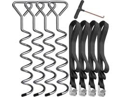 SnelShoppen - Set van 4 Grondankers voor Trampoline, Roestvrijstalen Grondankers voor Tuin, Camping, Schommels, 4 Sterke Bandjes, Diameter 8 mm, Lengt